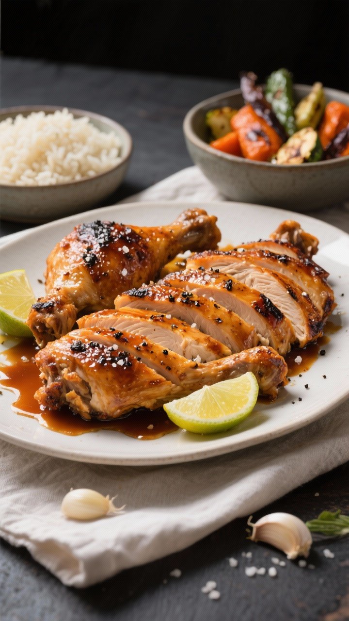 Tasty top view: Overhead shot of a family-style spread featuring sliced honey bourbon chicken thighs