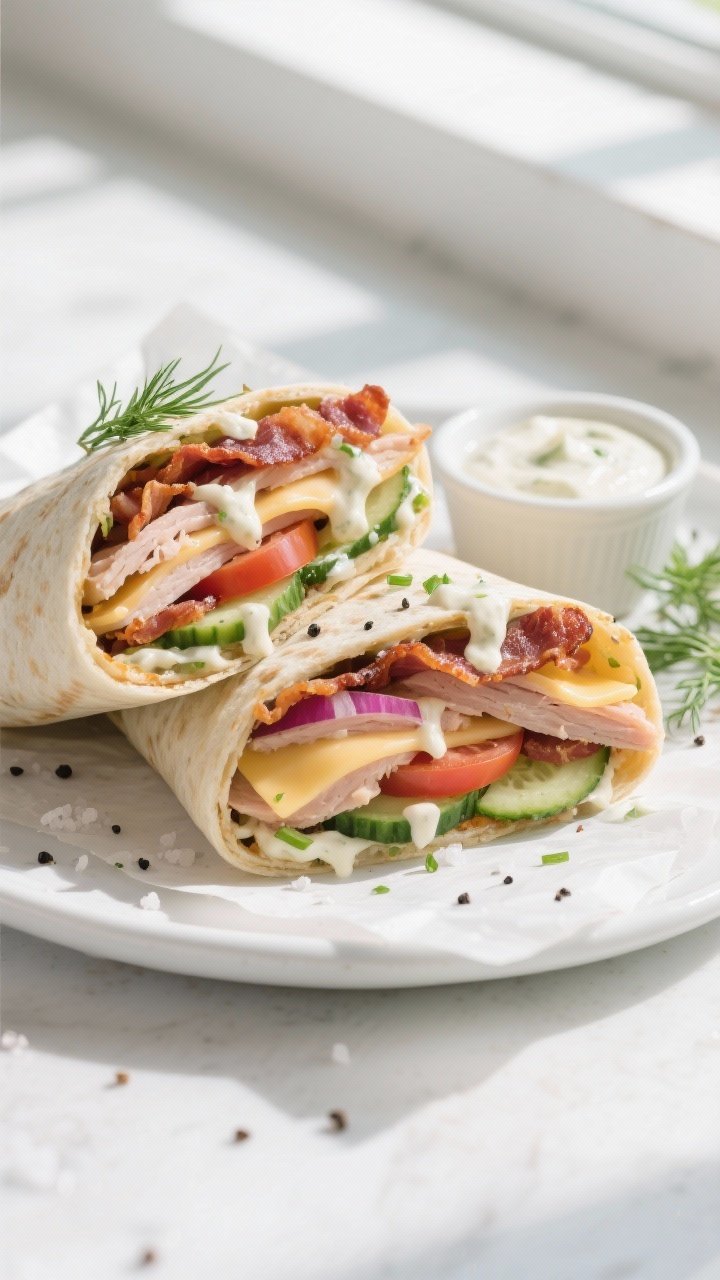 Tasty top view: Overhead shot of a fully assembled Keto Turkey Bacon Ranch Wrap sliced in half on a 