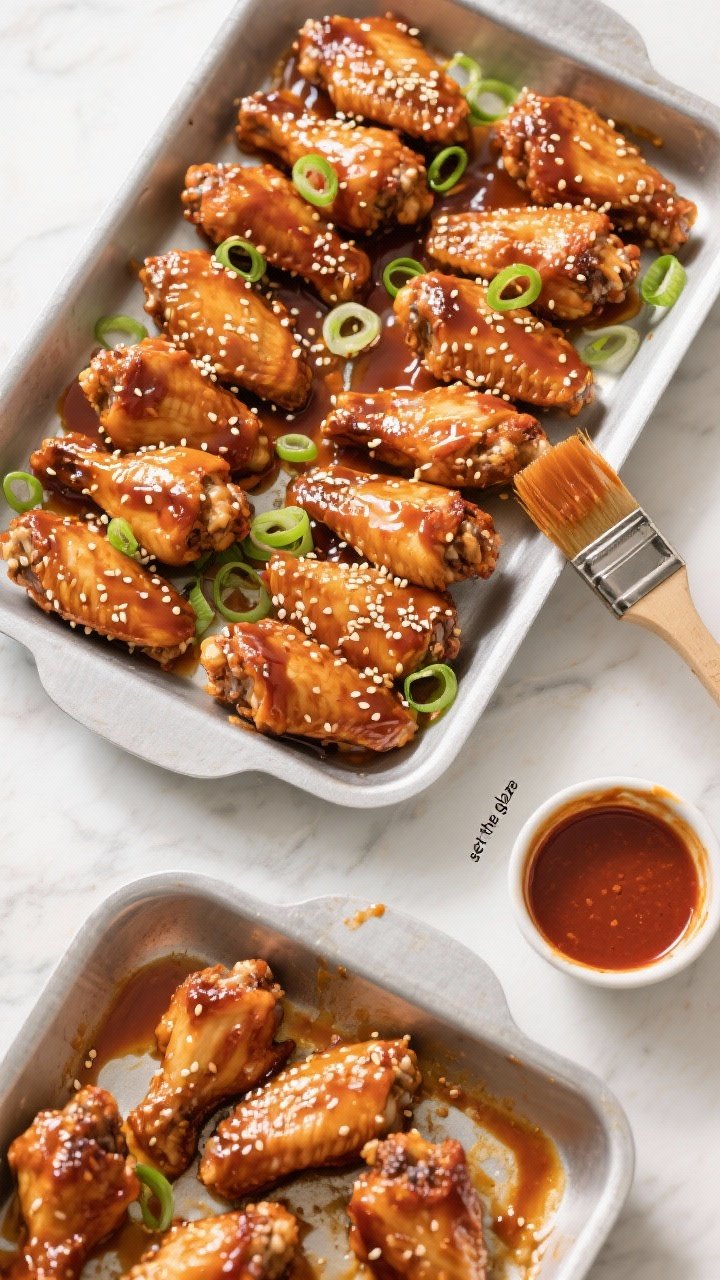 Tasty top view: Overhead shot of a game-day spread featuring the finished wings arranged in a tidy s