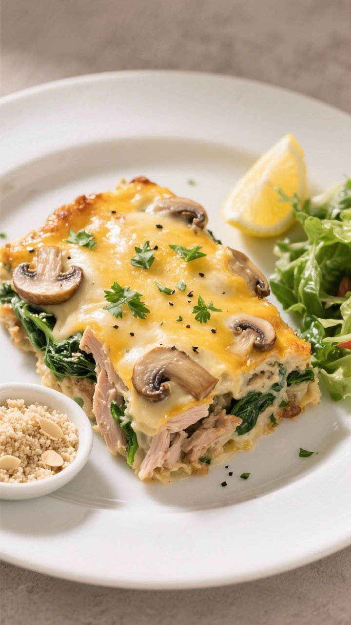 Tasty top view: Overhead shot of a plated serving of Keto Turkey Creamy Mushroom Casserole on a simp
