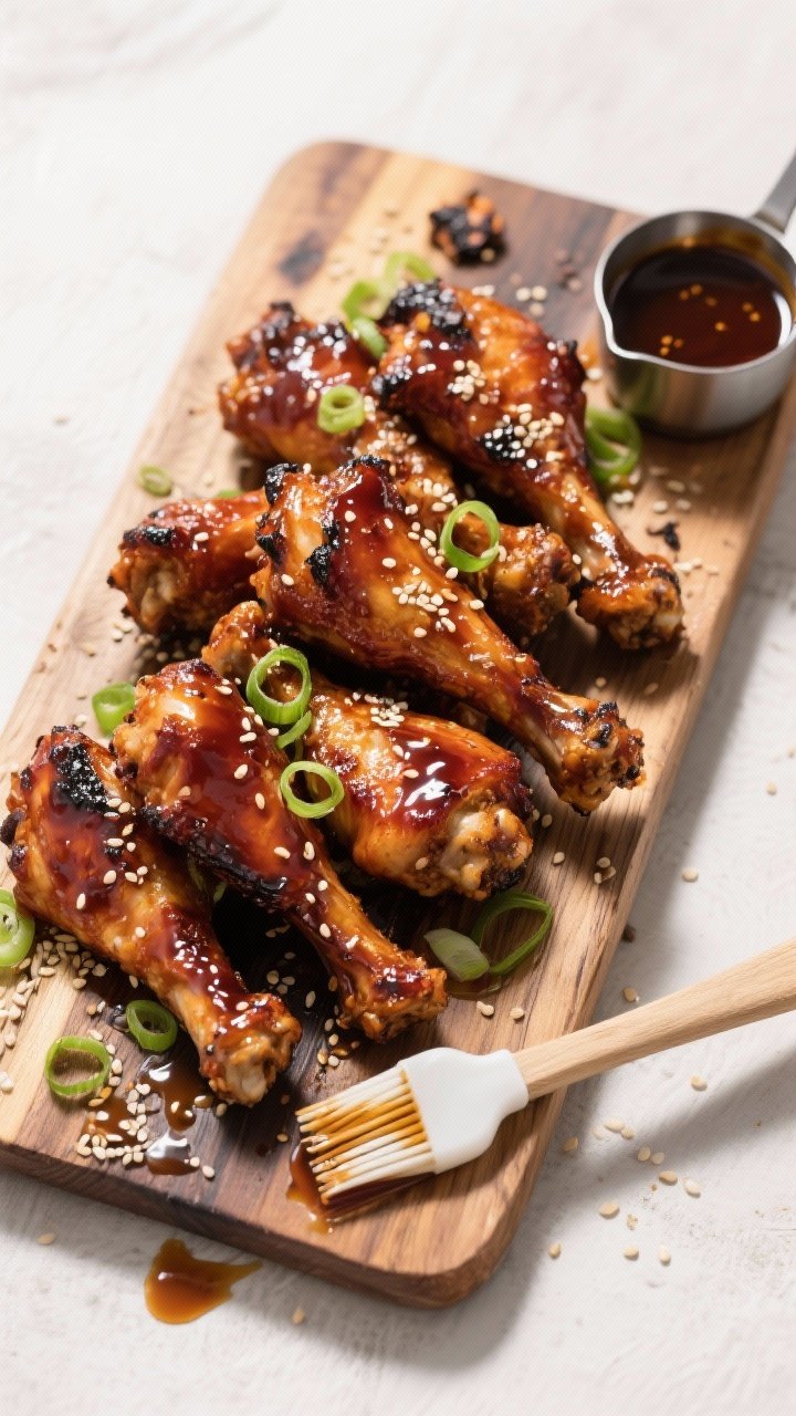 Tasty top view: Overhead shot of a rustic wooden board piled with grilled teriyaki drumsticks showin