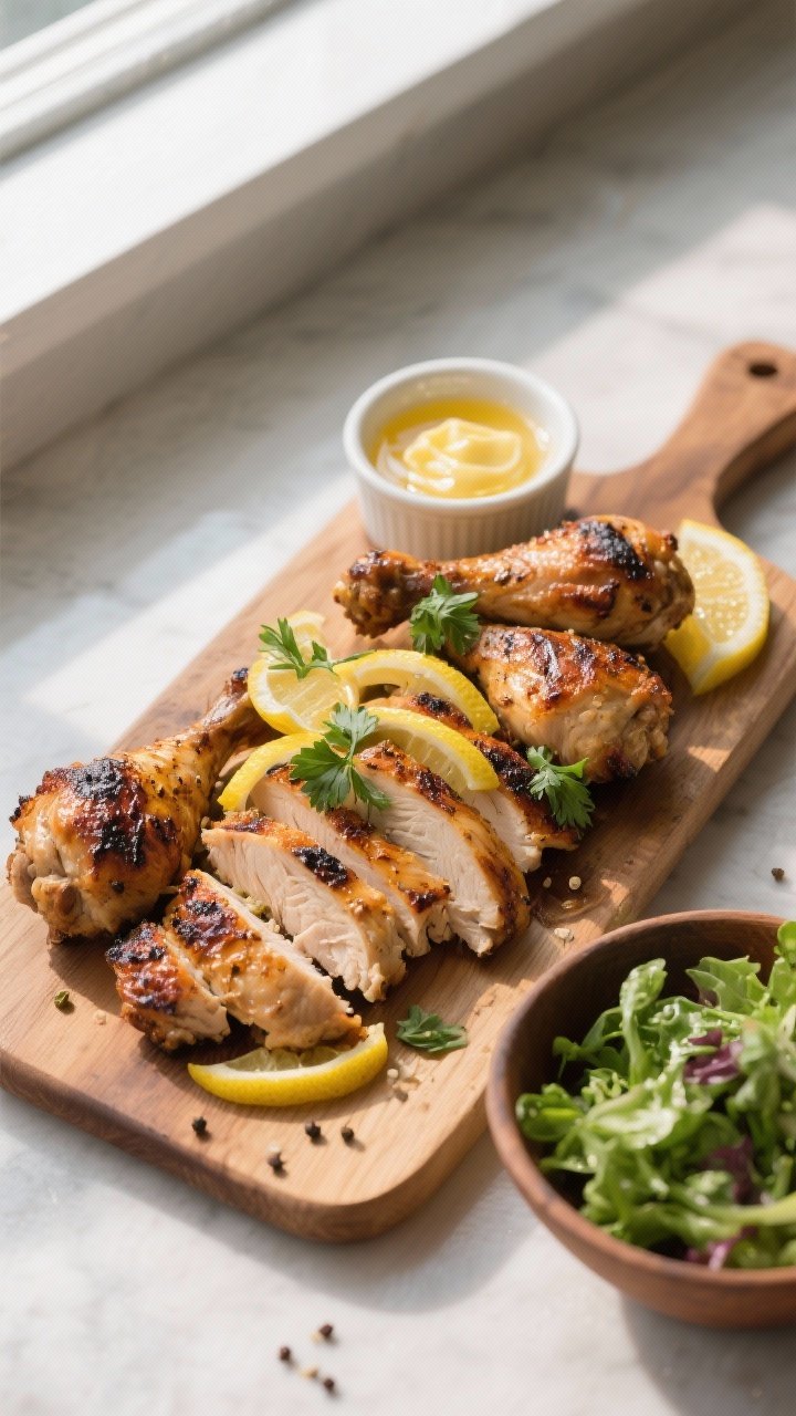 Tasty top view: Overhead shot of a wooden board piled with sliced and whole grilled chicken thighs s