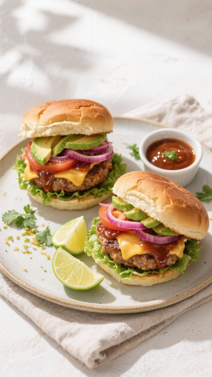 Tasty top view: Overhead shot of assembled Chipotle Lime BBQ Turkey Burgers on toasted buns, each la