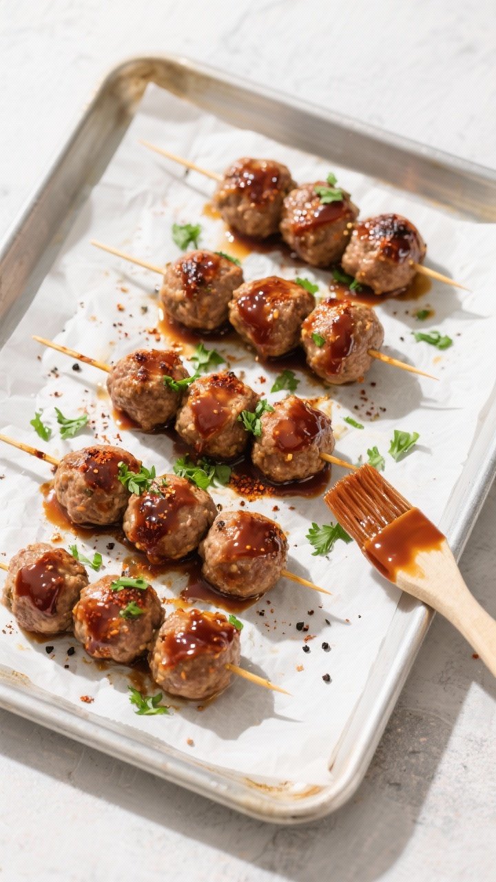 Tasty top view: Overhead shot of BBQ turkey meatball skewers on a parchment-lined sheet pan fresh fr