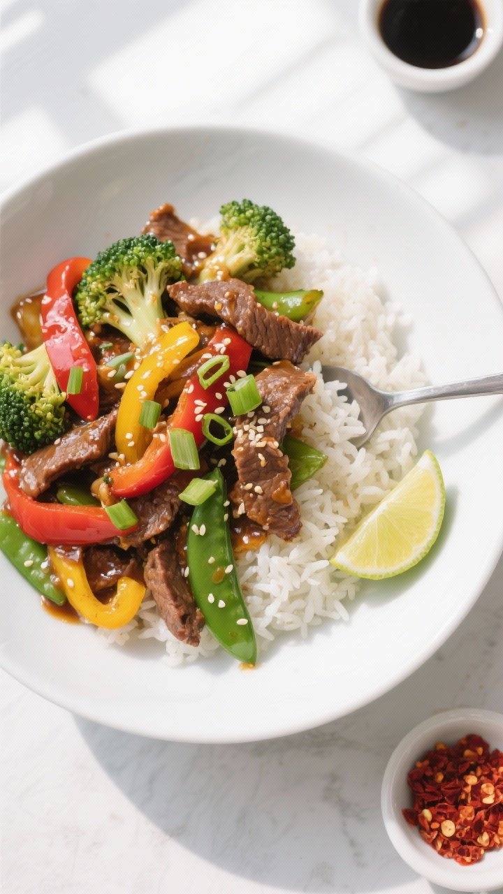 Tasty top view: Overhead shot of beef stir-fry spooned over fluffy jasmine rice in a wide white bowl