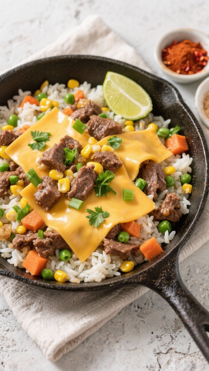 Tasty top view: Overhead shot of finished beef and rice skillet, fluffy rice studded with sweet corn