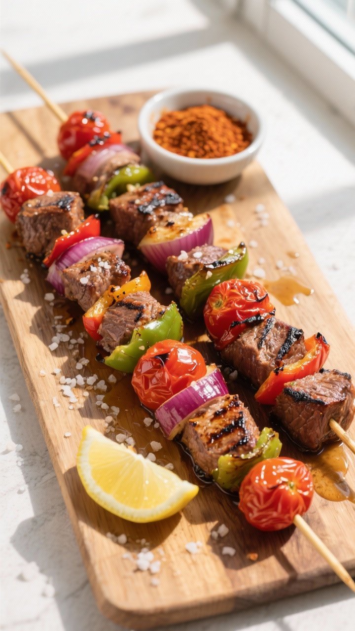 Tasty top view: Overhead shot of finished Cajun beef kabobs just off the grill, skewers aligned diag