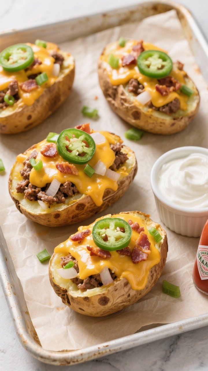 Tasty top view: Overhead shot of four loaded baked potatoes on a parchment-lined sheet pan just afte