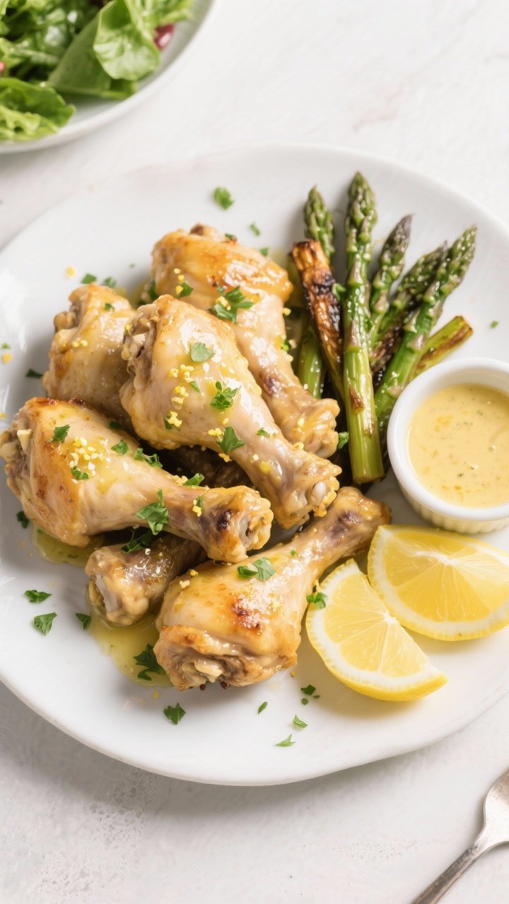 Tasty top view: Overhead shot of Lemon Butter Keto Chicken Drumsticks piled on a matte white platter