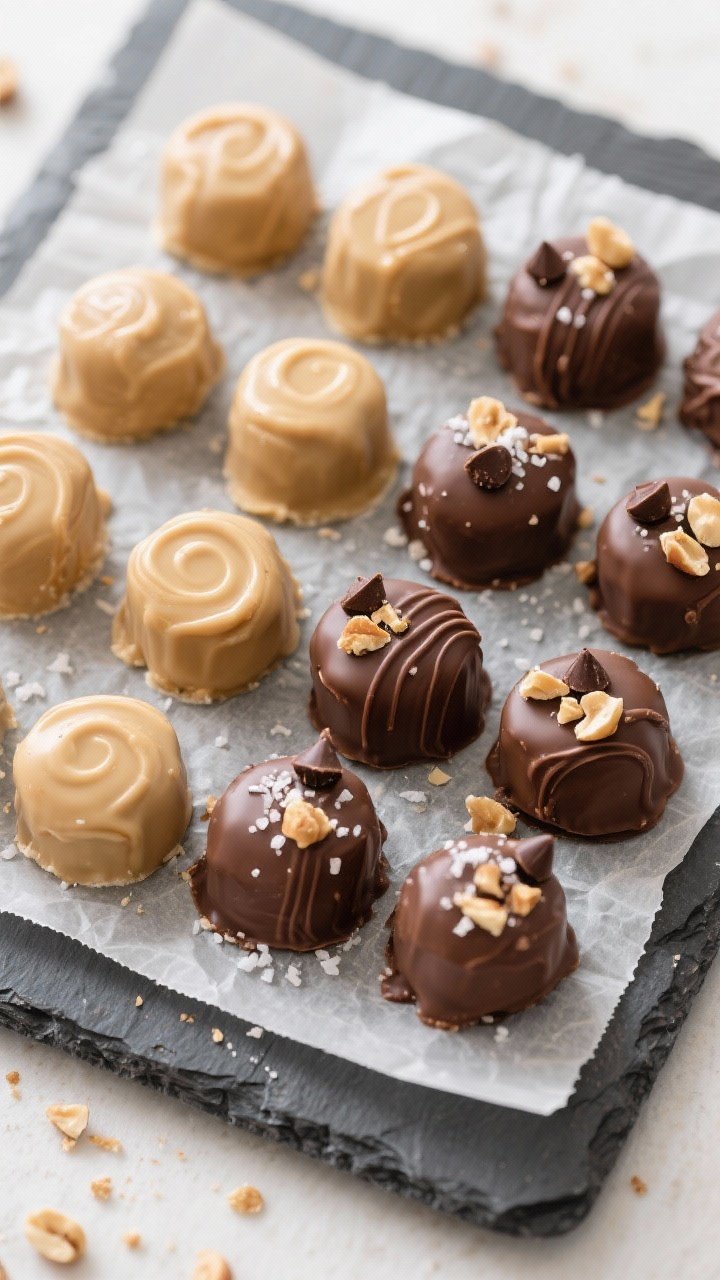 Tasty top view: Overhead shot of set keto peanut butter fat bombs popped from the mold and arranged 