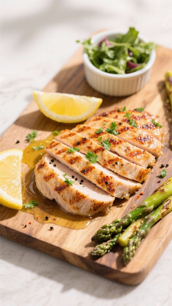 Tasty top view: Overhead shot of sliced grilled turkey cutlets arranged on a wooden board with a sma