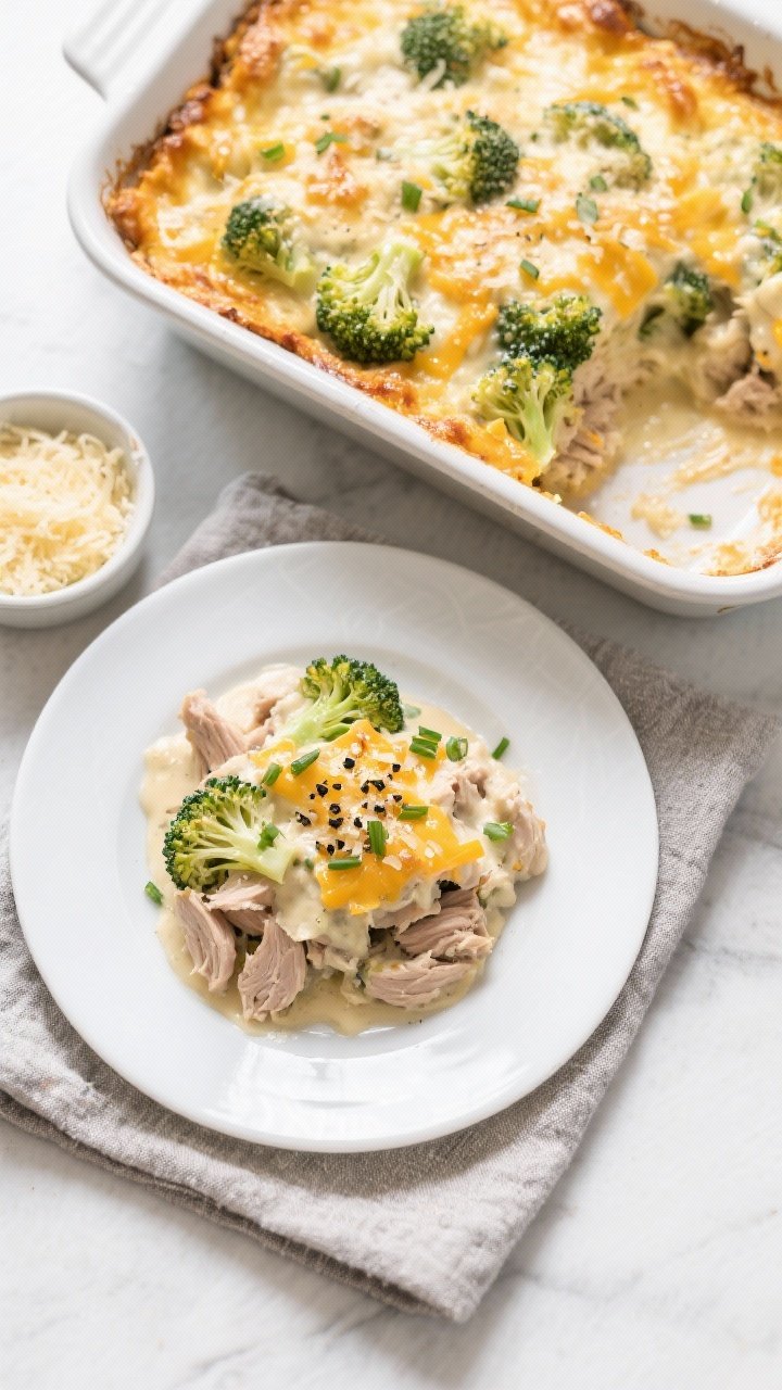 Tasty top view: Overhead shot of the assembled and baked casserole portioned onto a simple white din
