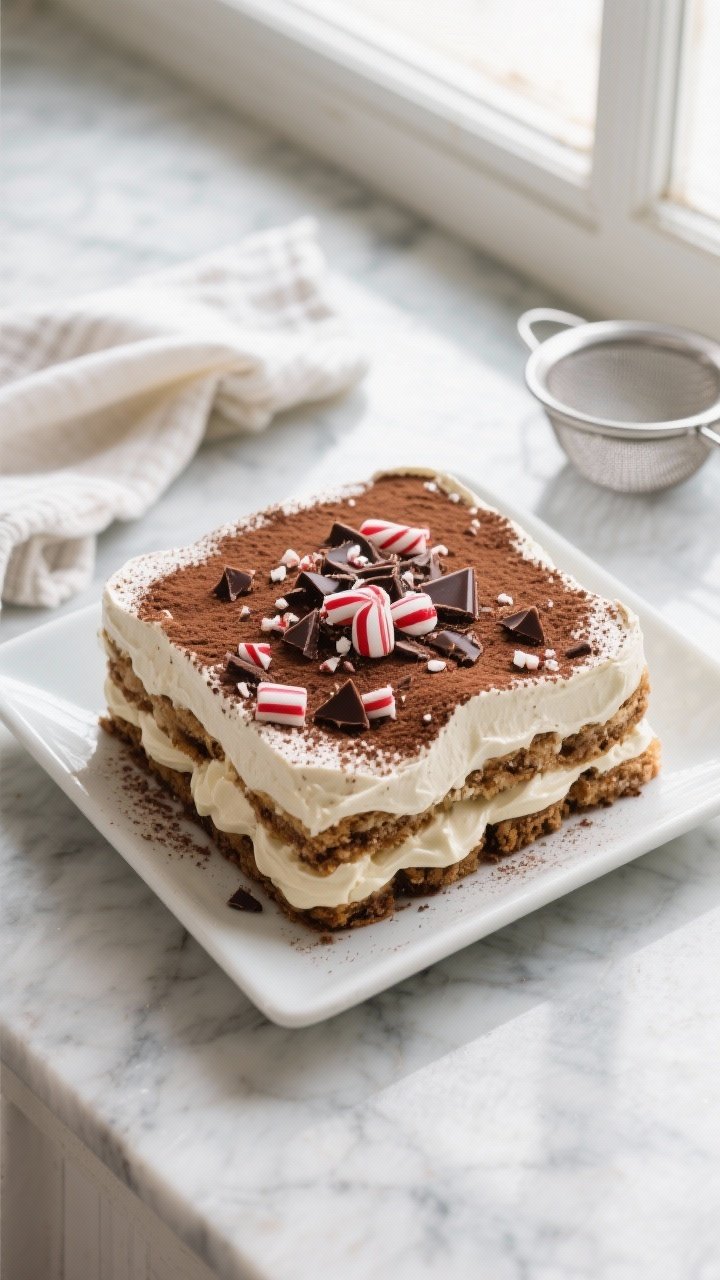 Tasty top view: Overhead shot of the assembled Peppermint Mocha Tiramisu just before serving—silky