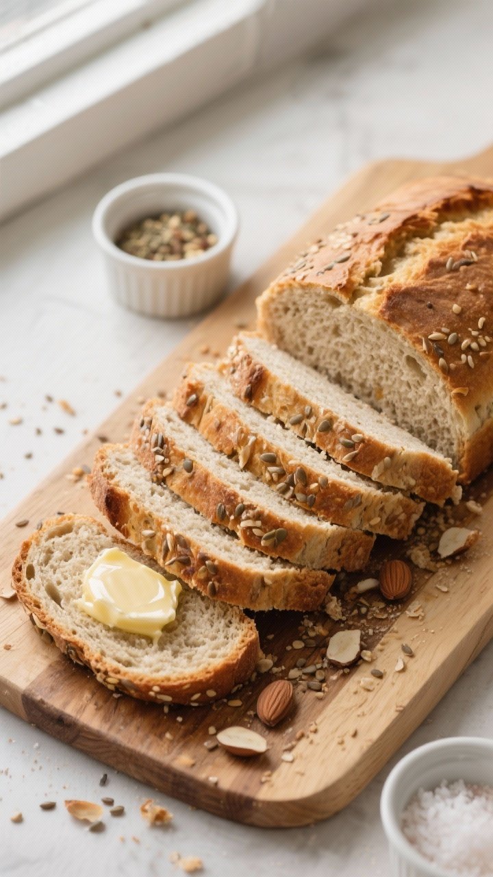 Tasty top view: Overhead shot of the cooled loaf sliced into 12–14 even slices on a wooden cutting