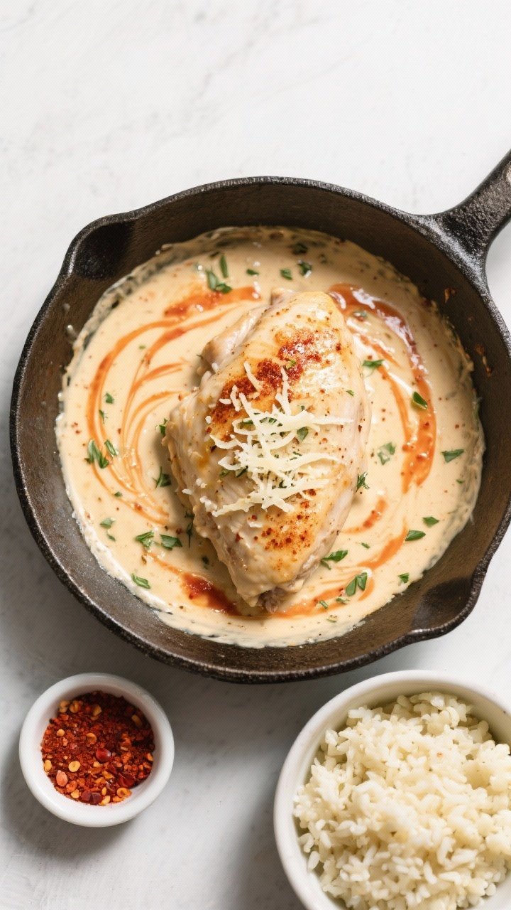 Tasty top view: Overhead shot of the finished chicken nestled in the skillet with a thickened cream 