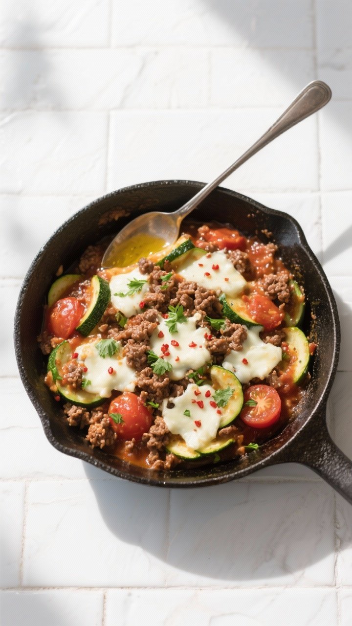 Tasty top view: Overhead shot of the finished Keto Ground Beef Zucchini Skillet, saucy tomatoes and 