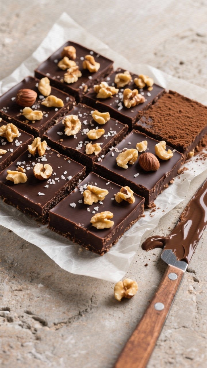 Tasty top view: Overhead shot of the fully set Dark Chocolate Hazelnut Dessert Squares, still in the