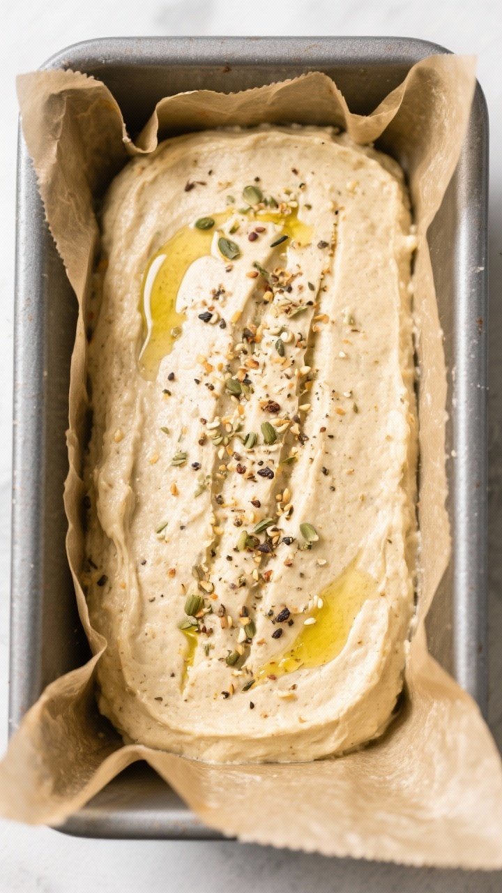 Tasty top view: Overhead shot of the loaf pan lined with parchment, batter smoothed and scored befor