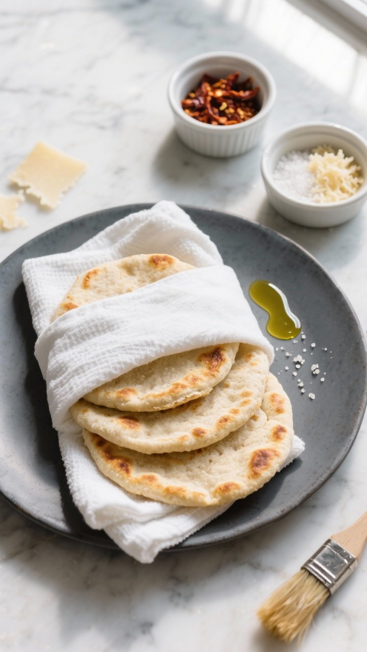 Tasty top view: Overhead shot of three warm keto coconut flour flatbreads stacked and slightly offse