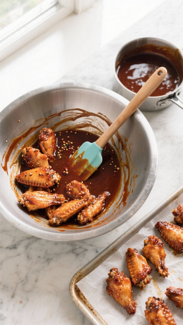 Tasty top view: Overhead shot of wings being tossed in a large stainless-steel mixing bowl with half