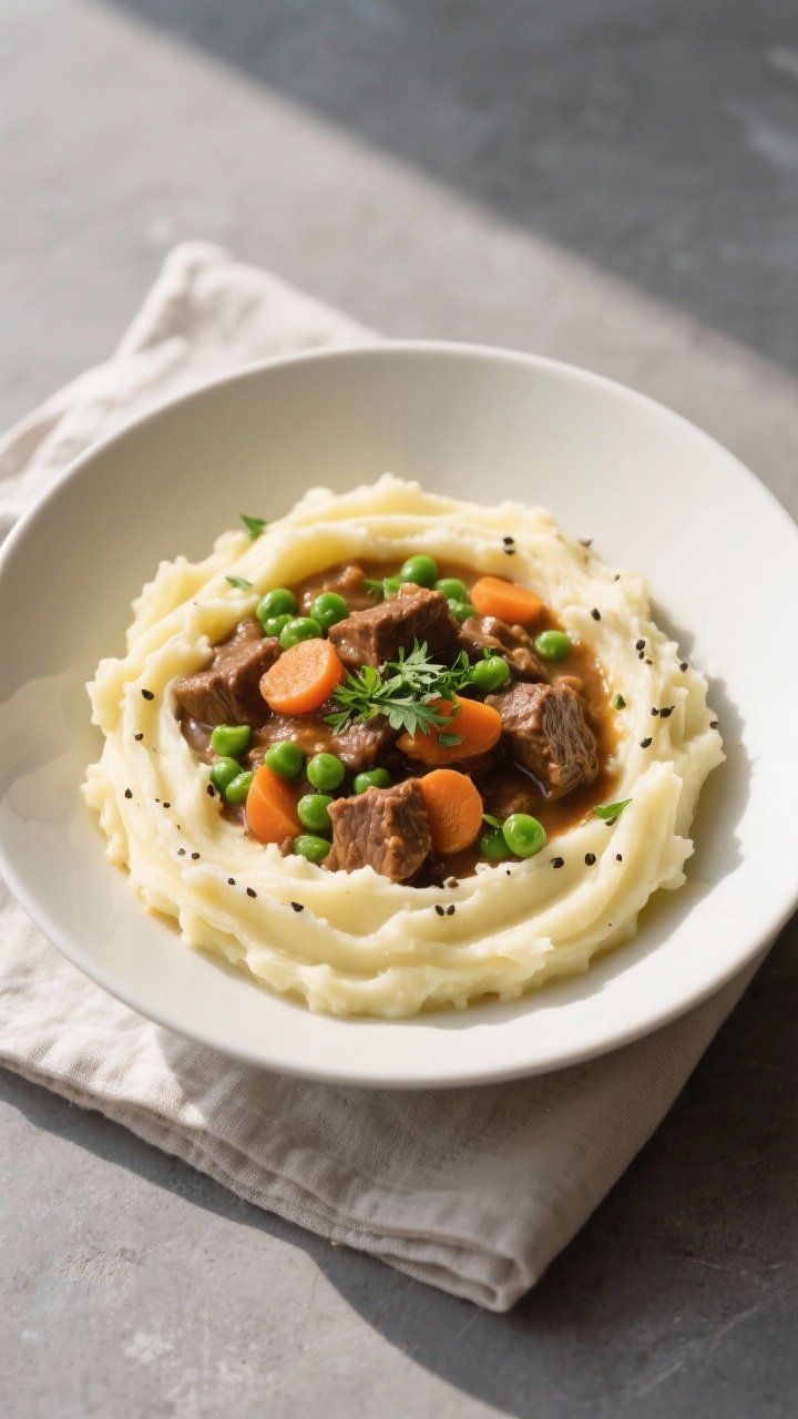 Tasty top view, overhead shot: Overhead shot of creamy mashed potatoes topped with a generous ladle