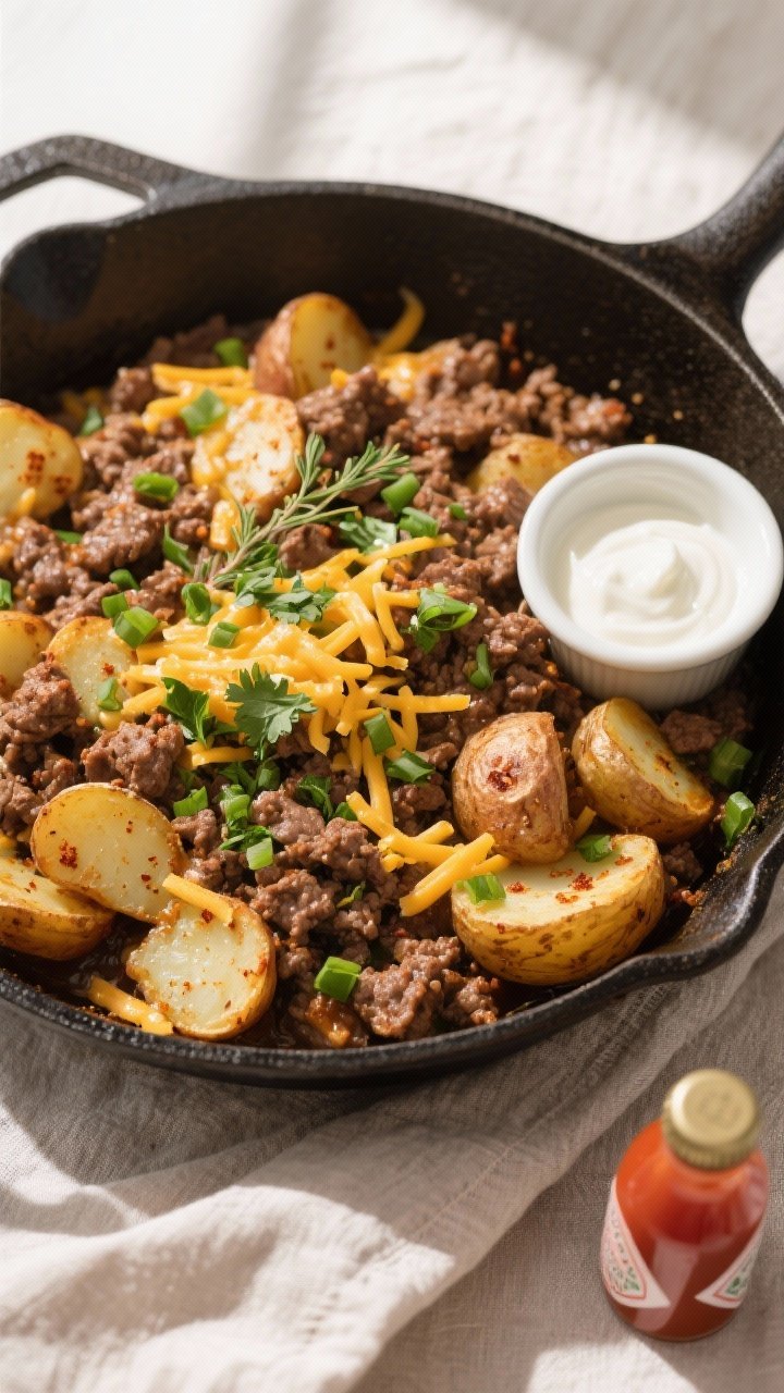 Tasty top view, overhead shot: Overhead shot of the finished one-pan ground beef and potatoes, potat