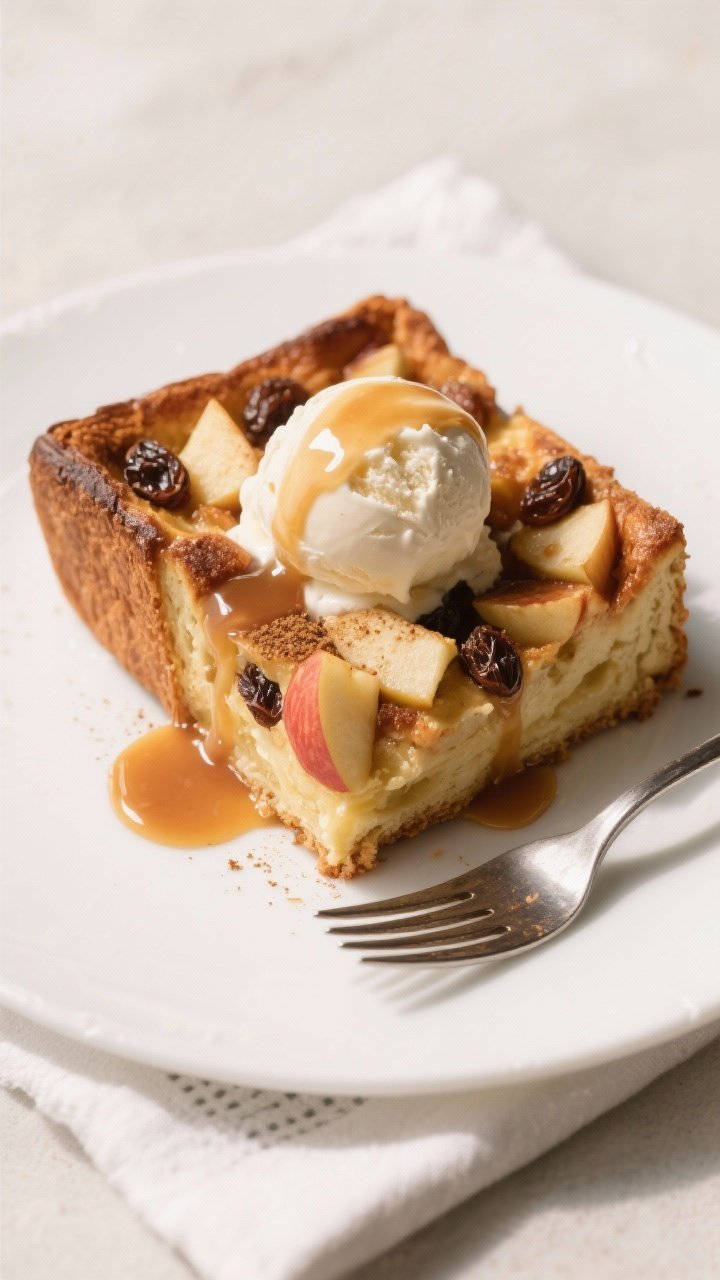 Tasty top view plated: Overhead shot of a generous square of Cinnamon Apple Bread Pudding on a matte