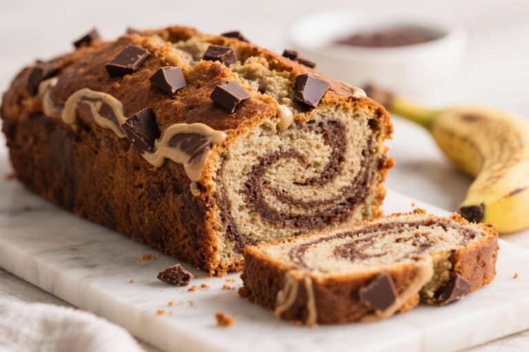 Banana Bread With Dark Chocolate Chunks & Tahini Swirl – Moist, Nutty, and Comforting