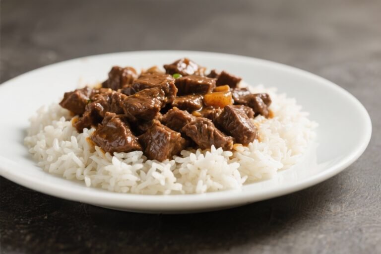 Slow-Cooked Beef Tips Over Fluffy Rice – Comforting, Tender, and Easy