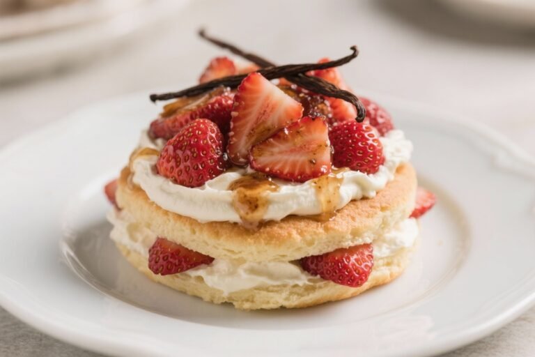 Strawberry Shortcake with Roasted Strawberries & Vanilla Bean Cream – A Fresh, Cozy Dessert