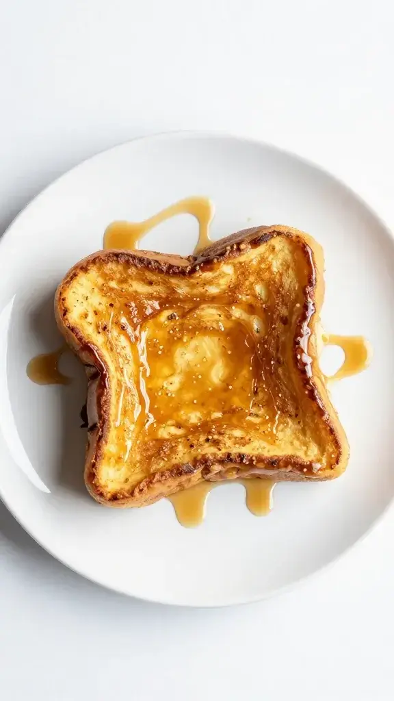 Top view, single golden French toast on white plate, maple drizzle