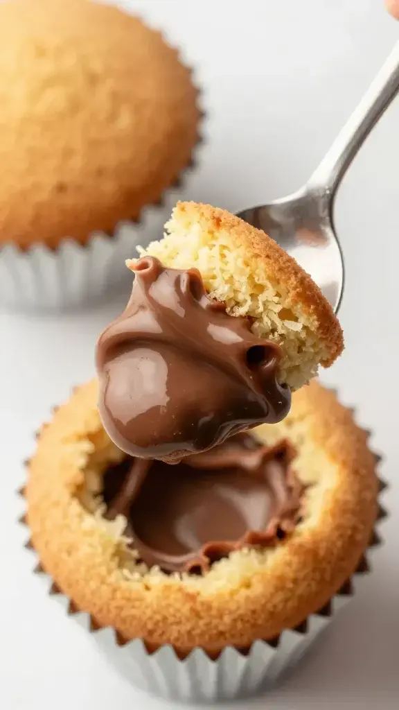 overhead shot of spoon scooping warm Nutella mug cake
