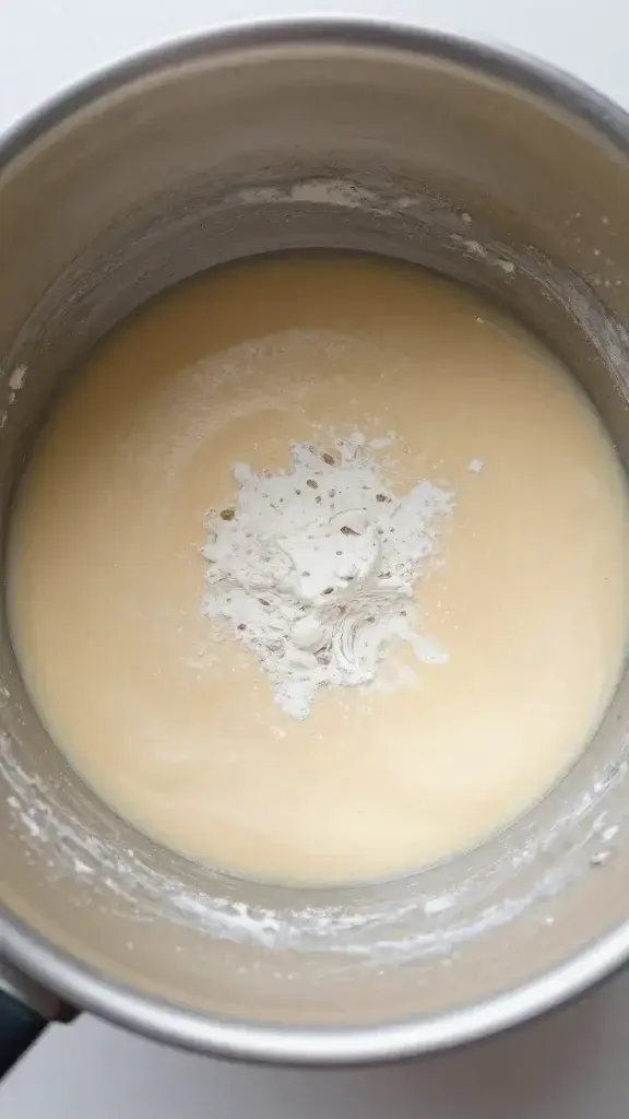 top view closeup of flour-dusted mug before microwaving batter