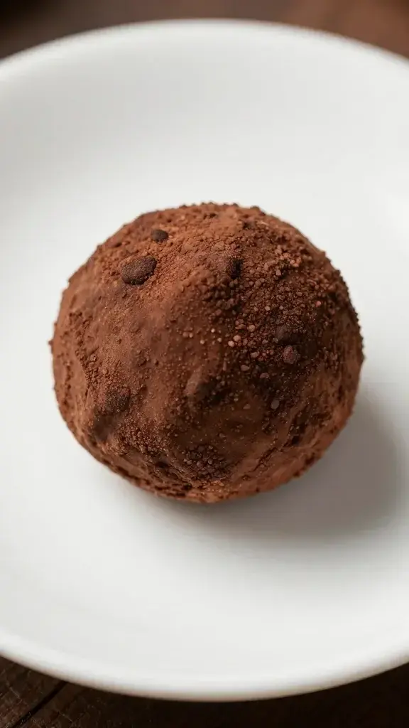 closeup top view of cocoa-dusted truffle on white saucer