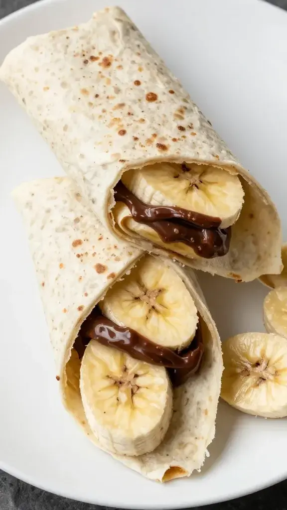Top view closeup of sliced Nutella banana wrap on plate
