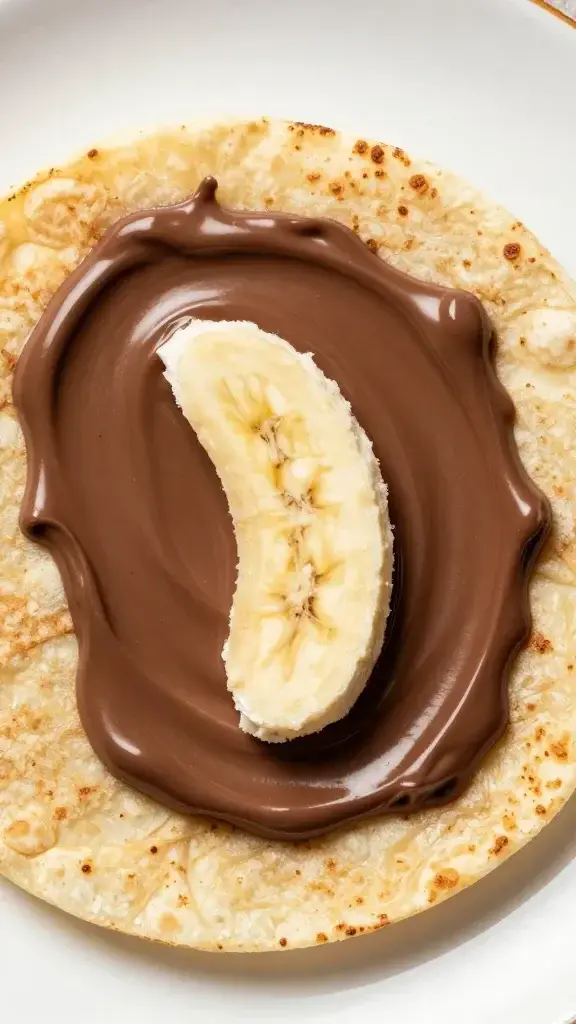 Overhead shot of Nutella-smeared tortilla with single banana