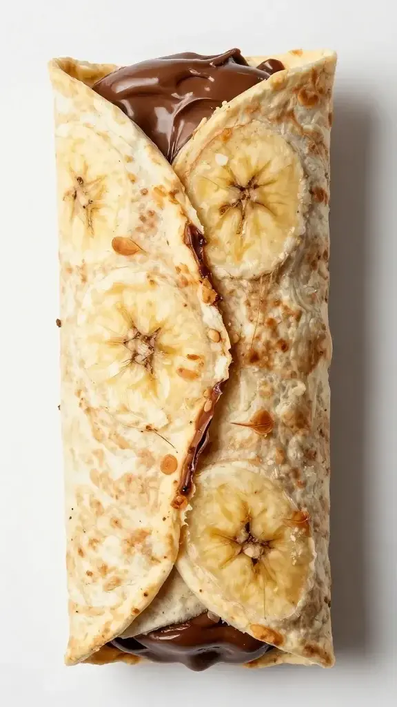 Top-down closeup of crispy Nutella banana wrap half-cut