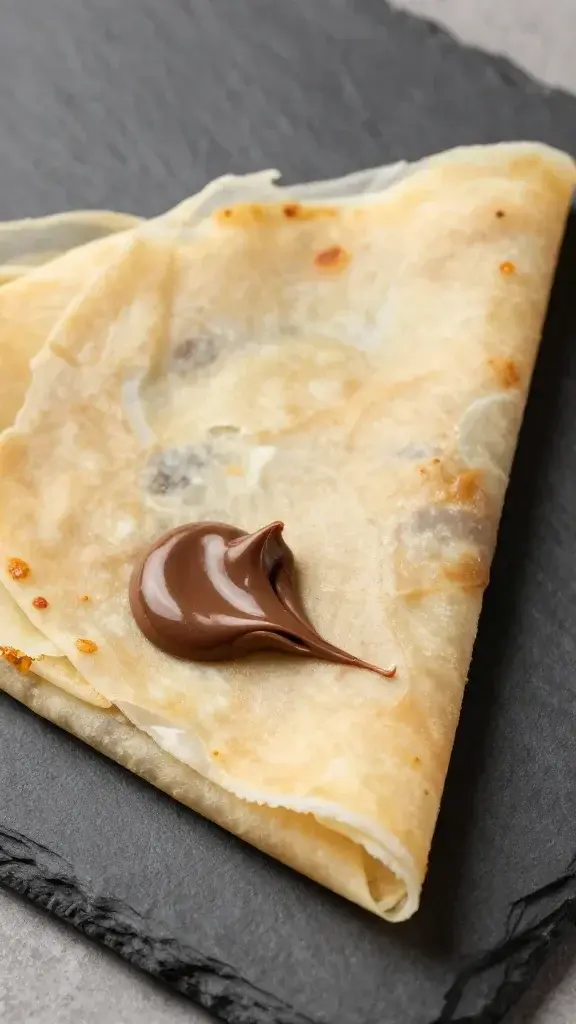 top view closeup of folded crepe oozing Nutella on slate plate
