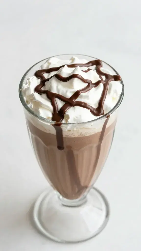 Top view Nutella milkshake in clear glass, chocolate drizzle