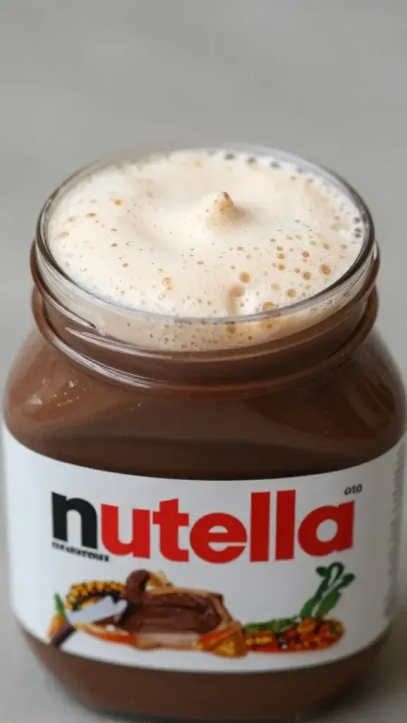 Closeup blender jar of Nutella milkshake, frothy surface
