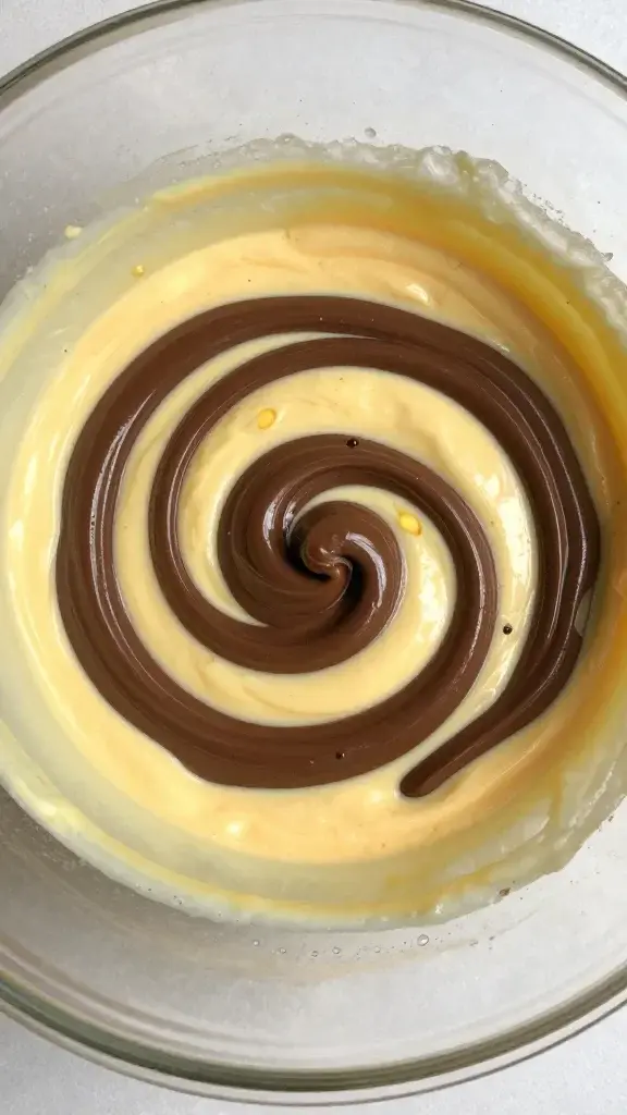 Top view: mixing bowl with glossy Nutella-egg batter swirl