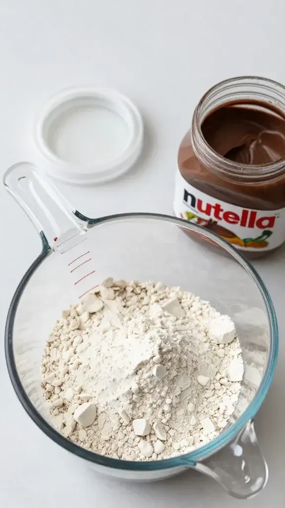 Top view: measuring cup with 1/2 cup flour beside Nutella jar