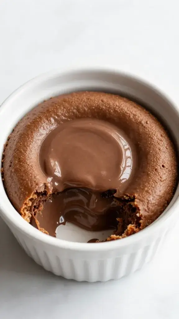 top view single Nutella lava cake in white ramekin