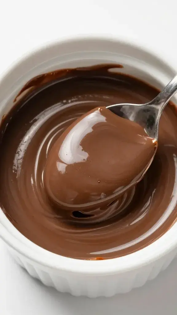 top view spoon breaking molten Nutella center in ramekin