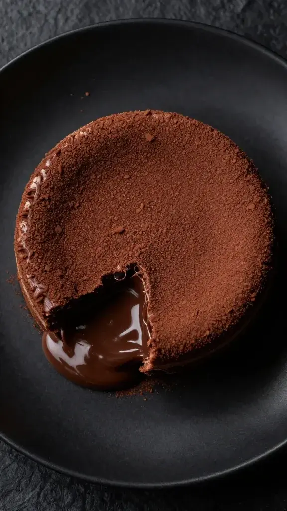 top view dusted cocoa Nutella lava cake on matte black plate