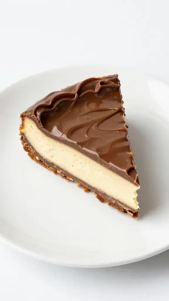 Top view slice of no-bake Nutella cheesecake on white plate