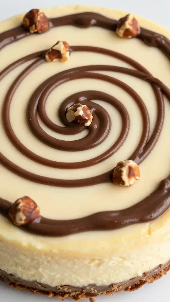 Closeup Nutella cheesecake with hazelnut ganache swirl, top view