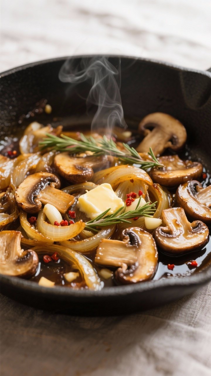 Close-up detail: Jammy caramelized onions and golden-browned cremini mushrooms in a wide skillet jus