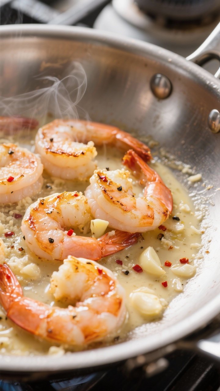 Close-up detail: Searing shrimp in a stainless steel skillet, golden edges and light char with visib