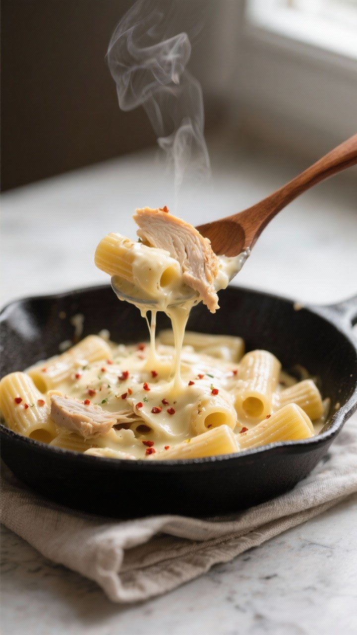 Close-up detail shot: A spoon lifting a creamy Alfredo-coated rigatoni and shredded rotisserie chick